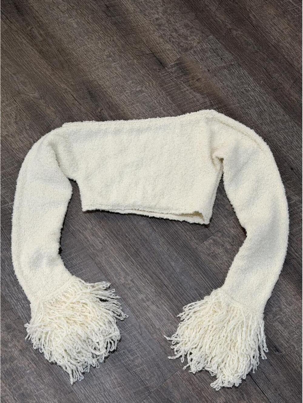 MUSERA Cream Fringe Sleeve Cropped Bolero —